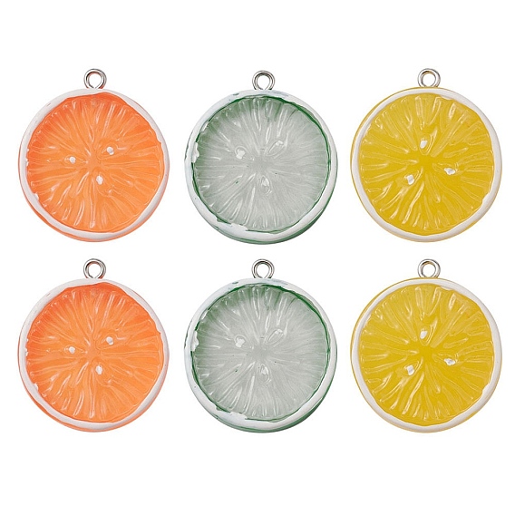 6 piezas 3 colores colgantes de frutas de resina redondos planos, encantos de naranja, con aros de hierro en tono platino