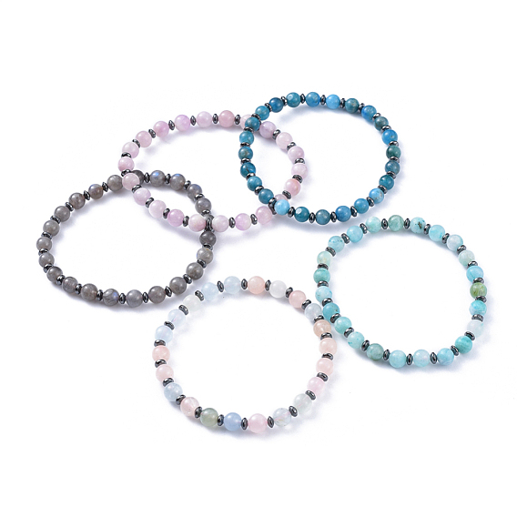 Natural Gemstone Stretch Bracelets, with Non-Magnetic Synthetic Hematite Spacer Beads