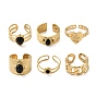 6Pcs 6 Style Crown & Teardrop & Heart 304 Stainless Steel Open Cuff Rings Set, Natural Obsidian Stackable Rings