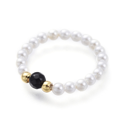 Natural Gemstone Stretch Rings, with Round Shell Pearl Beads and Brass Beads, Golden