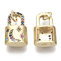 Brass Micro Pave Colorful Cubic Zirconia Pendants, with Jump Ring, Lock with Moon & Star, Nickel Free
