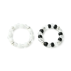 2pcs 2 ensemble d'anneaux extensibles en perles de verre et acrylique de couleur pour femmes