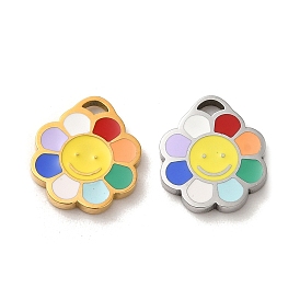 304 Stainless Steel Enamel Charms, Flower with Smiling Face Charms