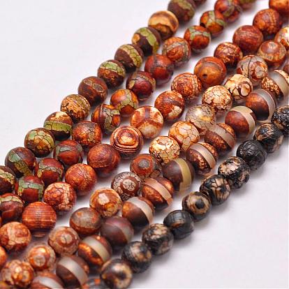 Natural Tibetan Style dZi Beads Strands, Dyed & Heated, Matte Style, Round