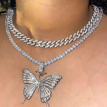 Cuban Double-layer Butterfly Necklace - Exaggerated Diamond Chain Neckwear, Statement Accessory.