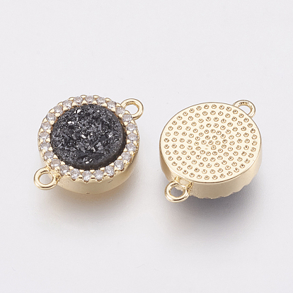 Natural Druzy Agate Links Connectors, with Brass Finding and Cubic Zirconia, Flat Round
