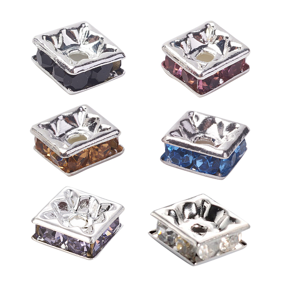Brass Rhinestone Spacer Beads, Grade A, Platinum Metal Color, Square, 8x8x4mm, Hole: 1mm