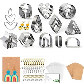 Kits de boucles d'oreilles pendantes en forme de larme/losange/hexagone, bricolage, y compris des coupe-argile en acier inoxydable, Boucles d'oreille, anneau de saut, la carte d'affichage de papier, sac d'opp, écrous d'oreille