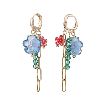 Lampwork Flower & Glass & Chain Tassel Long Dangle Hoop Earrings, Gold Plated Brass Drop Earrings for Women