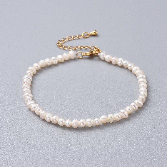 Natural Freshwater Pearl Beads Bracelets, with Brass Extender Chains and Burlap Packing Pouches Drawstring Bags