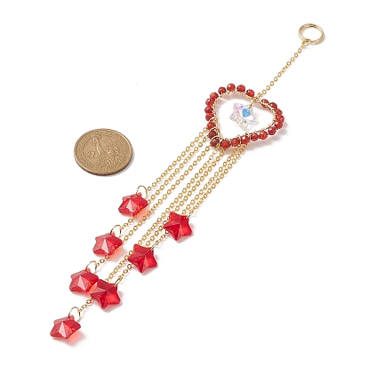 Décorations pendentif coeur en pierres précieuses naturelles, avec perles de verre étoiles et 304 anneaux brisés en acier inoxydable