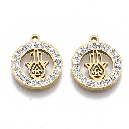 201 Stainless Steel Pendants, with Polymer Clay Crystal Rhinestone, for Religion, Flat Round with Hamsa Hand/Hand of Fatima/Hand of Miriam