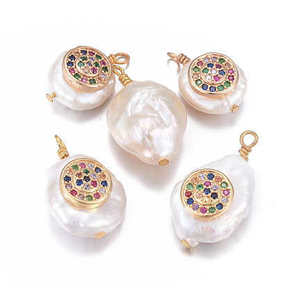 Pendentifs de perles d'eau douce de culture naturelle, avec accessoires zircon cubique micro pave en laiton, pépites avec rond plat, or