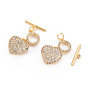 Brass Micro Pave Clear Cubic Zirconia Toggle Clasps, Nickel Free, Heart & Bar