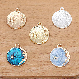 Alloy Pendants, Flat Round with Moon & Star Charm, Long-Lasting Plated