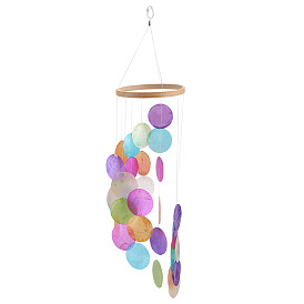Rainbow Color Flat Round Capiz Shell Wind Chime Pendant Decorations, for Garden, Wedding, Lighting Ornament