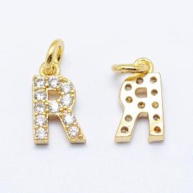 Brass Micro Pave Grade AAA Cubic Zirconia Charms, Letter R, Cadmium Free & Nickel Free & Lead Free