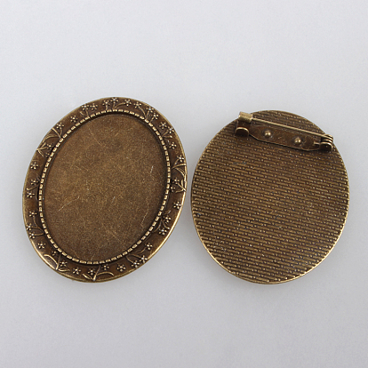 Vintage Alloy Brooch Cabochon Bezel Settings, with Iron Pin Brooch Back Bar Findings, Oval Carved Flower, Cadmium Free & Nickel Free & Lead Free, Tray: 40x30mm, 50x40x2mm, Pin: 0.6mm