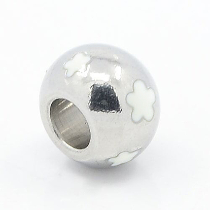 304 perlas de esmalte de acero inoxidable, abalorios de grande agujero, rondelle con la flor, de color blanco, 9x7 mm, agujero: 4 mm