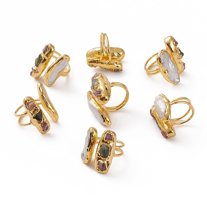 Регулируемые кольца-манжеты из натурального турмалина и жемчуга, с латунной фурнитурой золотого цвета, овальные