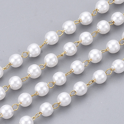 Handmade ABS Plastic Imitation Pearl Beaded Chains, Soldered, with 304 Stainless Steel Chain and Spool, Creamy White