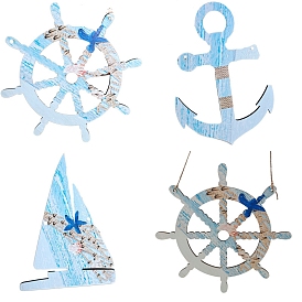 Wood Anchor & Helm & Sailboat Pendant Decorations, Hemp Rope Home Hanging Ornaments