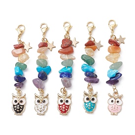 Owl Alloy Enamel Pendant Decorations, with Chakra Gemstone Chips and 304 Stainless Steel Lobster Claw Clasps