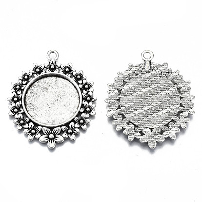 Tibetan Style Alloy Pendant Cabochon Settings, Cadmium Free & Lead Free, Flat Round with Flower Side