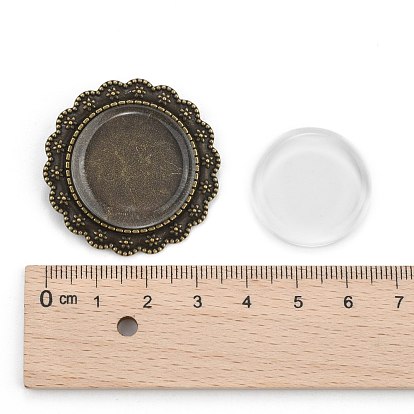 25 mm transparente cabujones de vidrio y la configuración del bisel cabujón broche de flor de la aleación de la vendimia, sin níquel, ajuste de cabujón: 35.5 mm, Bandeja: 25 mm, pin: 0.8 mm