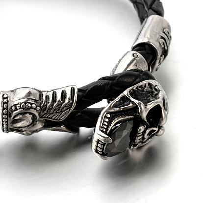 Skull 304 Stainless Steel Leather Cord Bracelets, with Leather Cord Clasps, 205x5mm