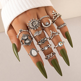 Bohemian Style 14-Piece Ring Set with Leaf, Moon and Flower Designs