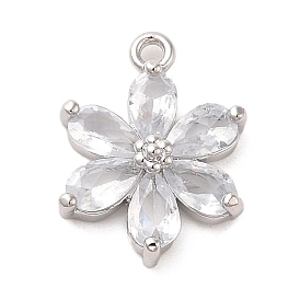 Brass Pendants, with Glass, Long-Lasting Plated, Platinum, Flower Charm