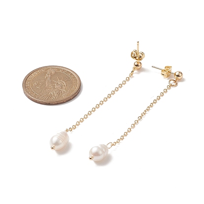 Natural Pearl Dangle Stud Earrings, Golden Brass Chain Tassel Earrings for Women