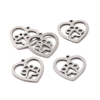 201 Stainless Steel Pendants, Heart with Dog Paw Prints