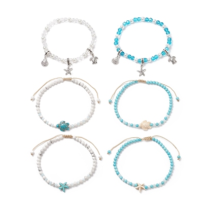 Ocean Theme Synthetic Turquoise & Natural Howlite Anklets Set, with Glass Beads and Tibetan Style Zinc Alloy Charms