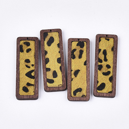 Eco-Friendly Cowhide Leather Big Pendants, with Dyed Wood, Rectangle with Leopard Print