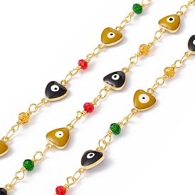 Handmade Eco-friendly Brass Enamel Heart with Evil Eye Link Chain, with Glass Beaded, Real 18K Gold Plated, Lead Free & Cadmium Free, Soldered, with Spool