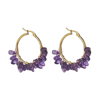 Natural Gemstone Hoop Earrings, Golden Tone 304 Stainless Steel Earring for Women