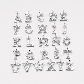 Brass Micro Pave Cubic Zirconia Pendants, with Letter Initial Letter A~Z, 9~10x4~10x1.5~2mm, Hole: 1.5mm