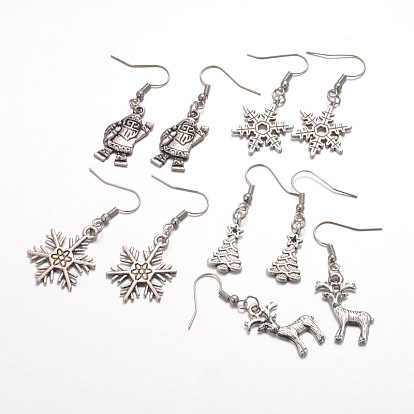 Christmas Theme Tibetan Style Alloy Dangle Earrings, with Brass Earring Hooks, 41~46mm, Pin: 0.6mm