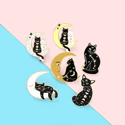 Pin de esmalte gato con luna, insignia de aleación chapada en oro claro para ropa de mochila