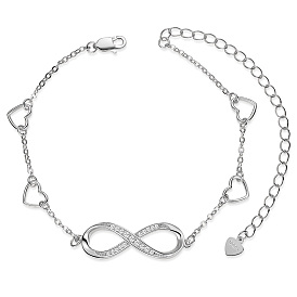 SHEGRACE 925 Sterling Silver Link Anklets, with Grade AAA Cubic Zirconia, Heart and Infinity
