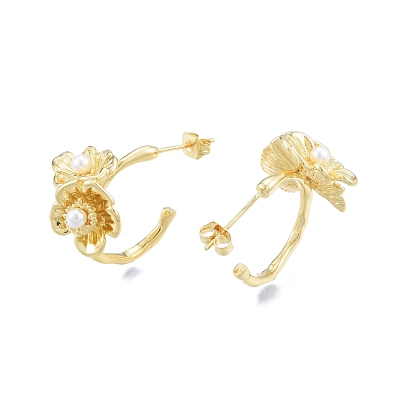 ABS Plastic Imitation Pearl Flower Stud Earrings, Brass Half Hoop Earrings for Women