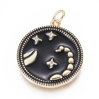 Brass Micro Pave Cubic Zirconia Pendants, with Enamel and Jump Ring, Flat Round with Constellations