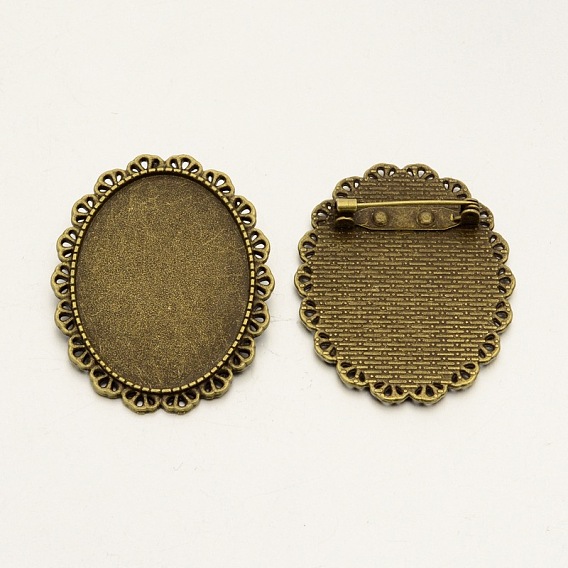 Vintage Alloy Brooch Cabochon Bezel Settings, with Iron Pin Brooch Back Bar Findings, Oval, Cadmium Free & Nickel Free & Lead Free, Tray: 40x30mm, 48x38x2.5mm, Pin: 0.6mm