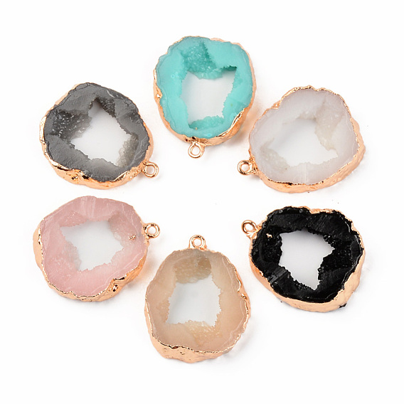 Druzy Resin Pendants, Imitation Geode Druzy Agate Slices, with Edge Light Gold Plated Iron Loops, Flat Round