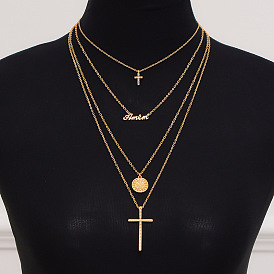 Geometric Circle Cross Necklace with Sparkling Diamonds - Fashionable Multi-Layered Accessory