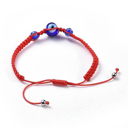 Bracelets de perles de nylon tressés réglables, avec des perles faites à la main avec des yeux pervers et des perles entretoises rondes en acier inoxydable 304