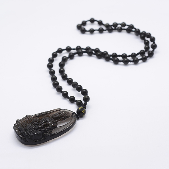 Colliers de pendentif perle obsidienne en or naturel, avec pendentifs d'obsidienne naturelle, Bouddha