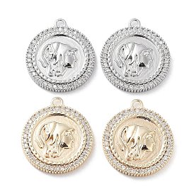 Brass Micro Pave Clear Cubic Zirconia Pendants, Flat Round with Women Charms